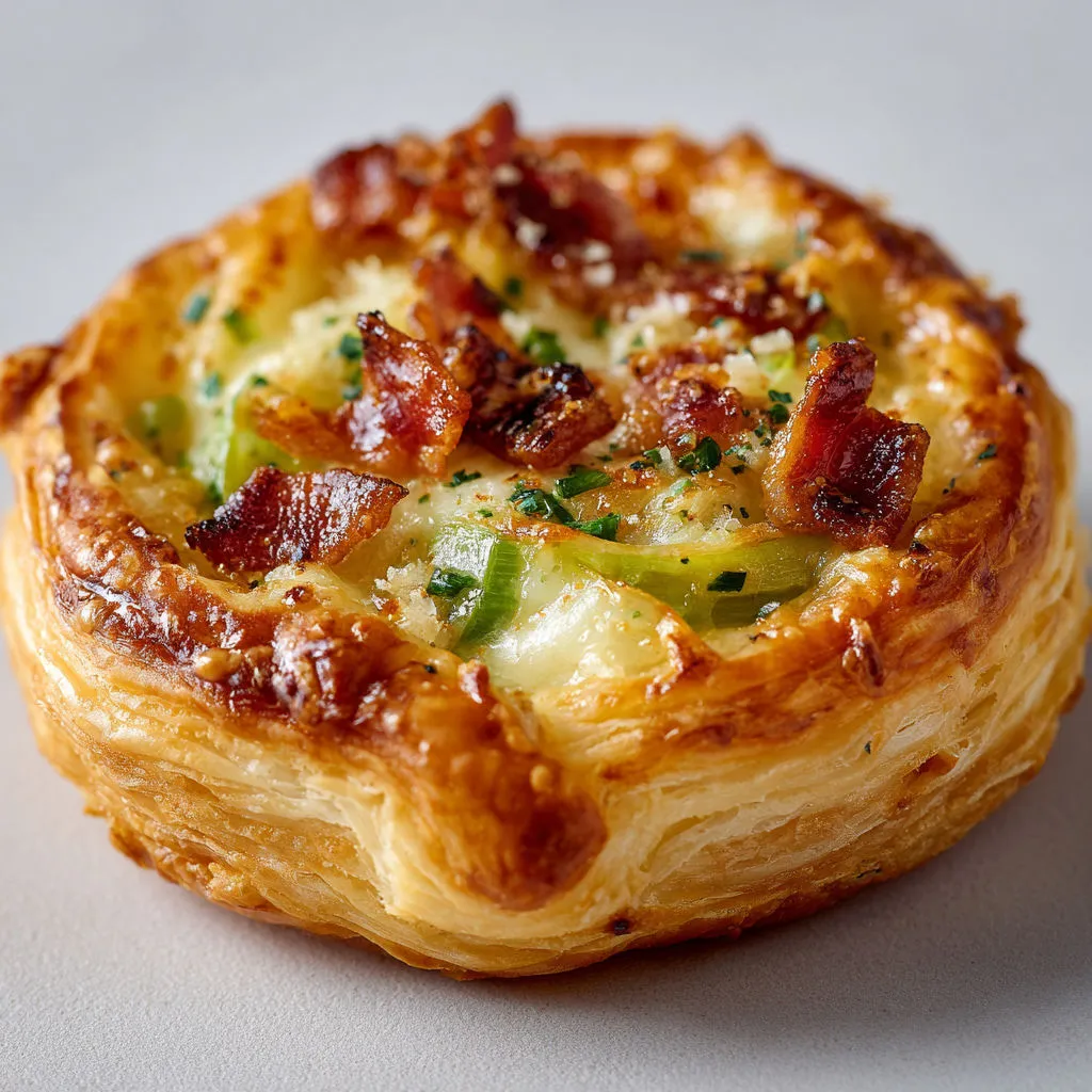 Tartelettes feuilletée poireaux, Comté et Bacon servies sur une table blanche.