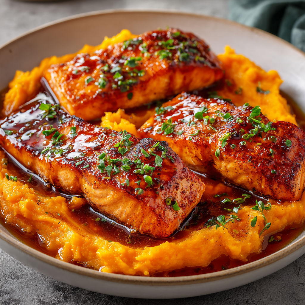 Saumon caramélisé au sirop d'érable accompagné d'une purée fondante de patates douces.