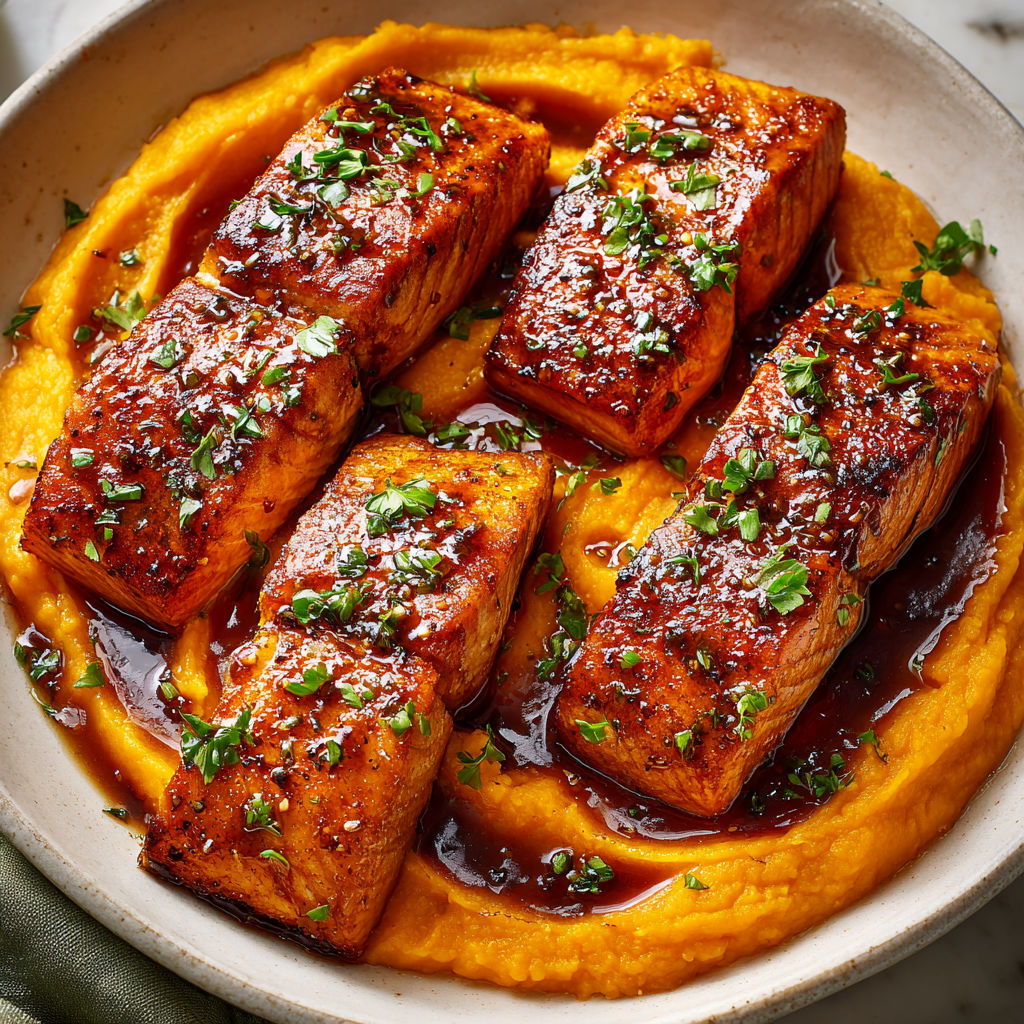 Pavé de saumon caramélisé à l’érable avec purée de patates douces crémeuse.