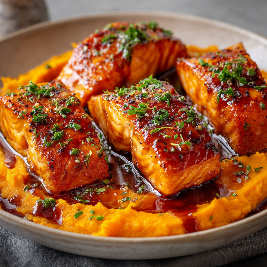 Saumon laqué à l’érable et purée de patates douces fondante pour un repas festif.