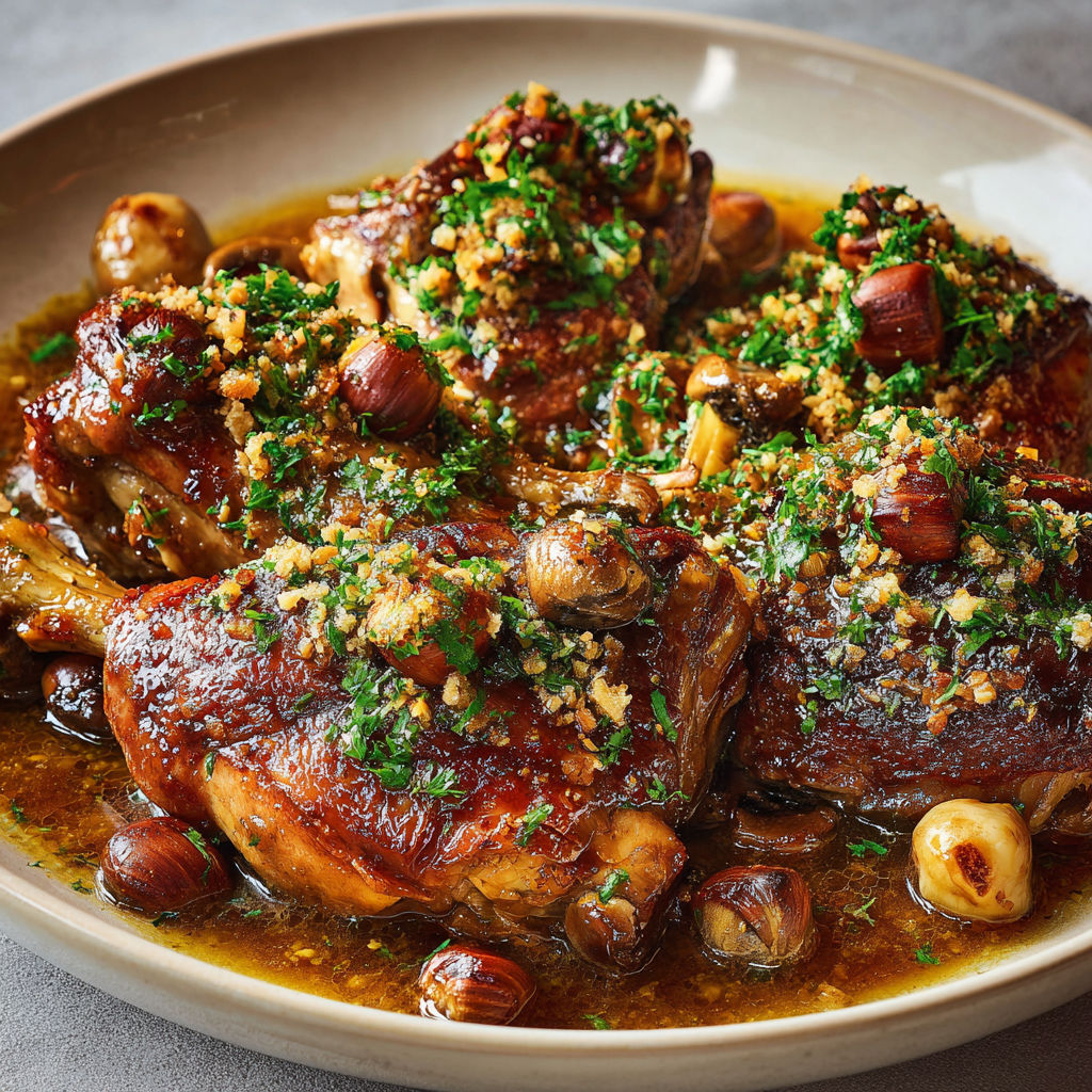 Dindon ultra tendre dans une sauce crémeuse au vin blanc et cognac, gratiné aux châtaignes croustillantes.
