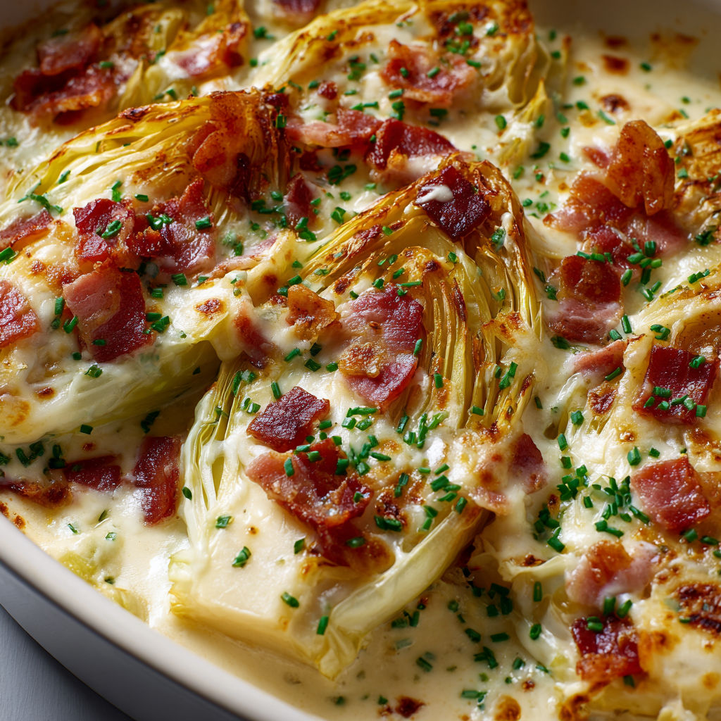 Des endives au bacon gratinées, servies dans un bol.