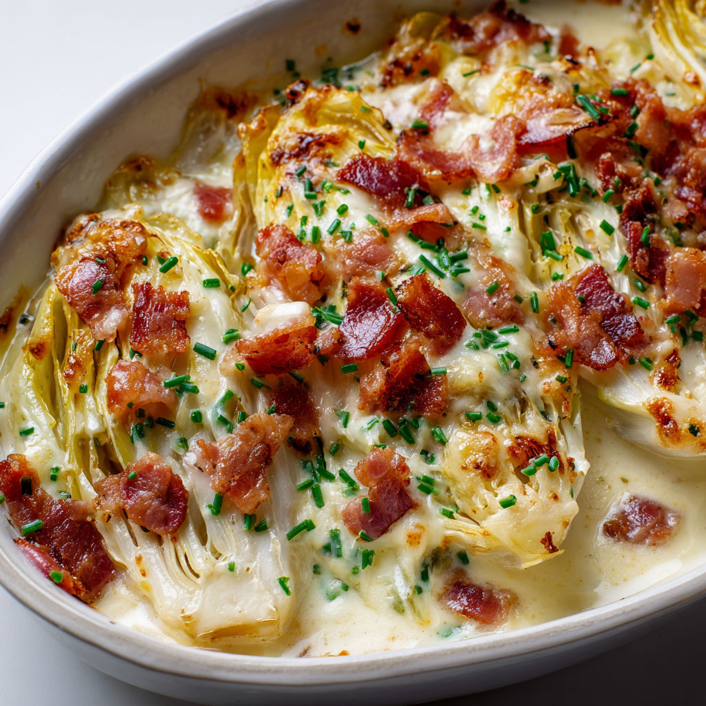 Plat d'endives gratinées, bacon et fromage bien doré.
