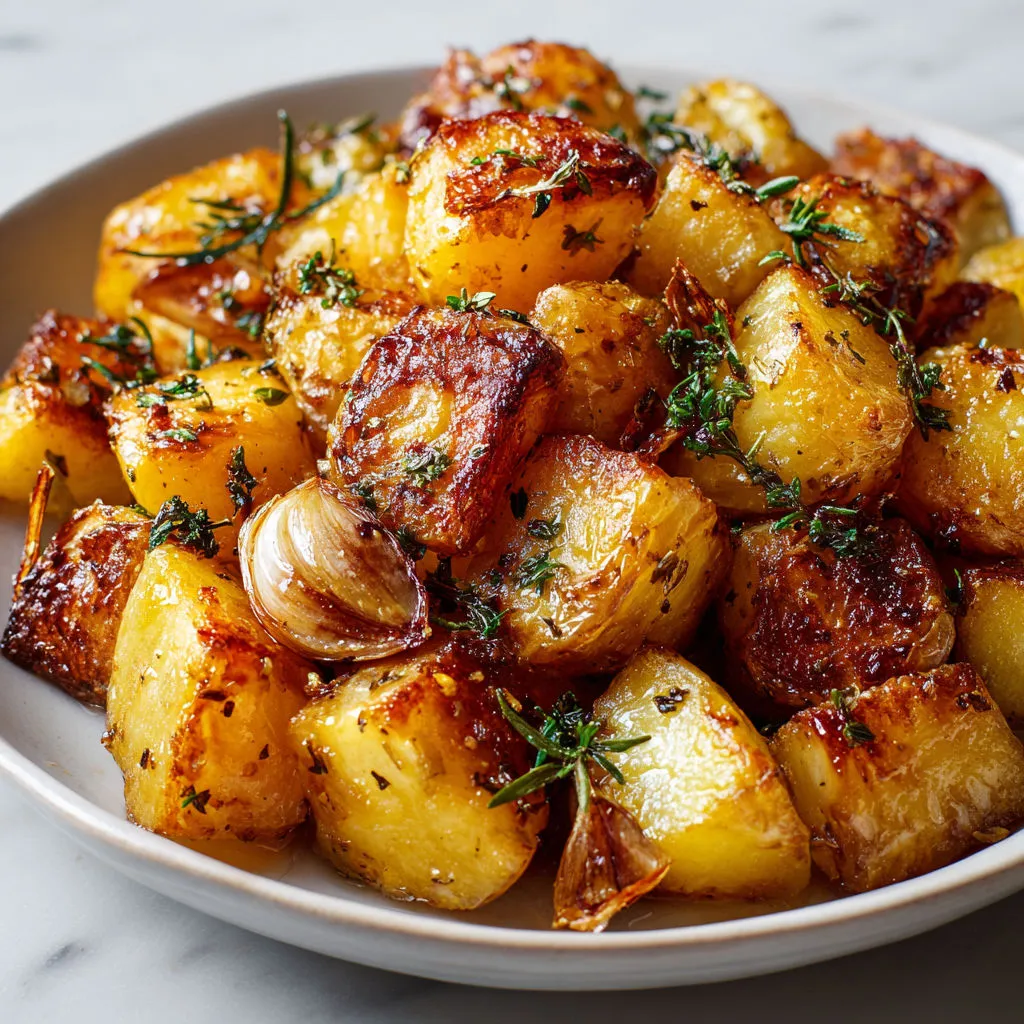 Assiette de pommes de terre sautées bien dorées, avec herbes et épices et un plat de pommes de terre rôties à côté.