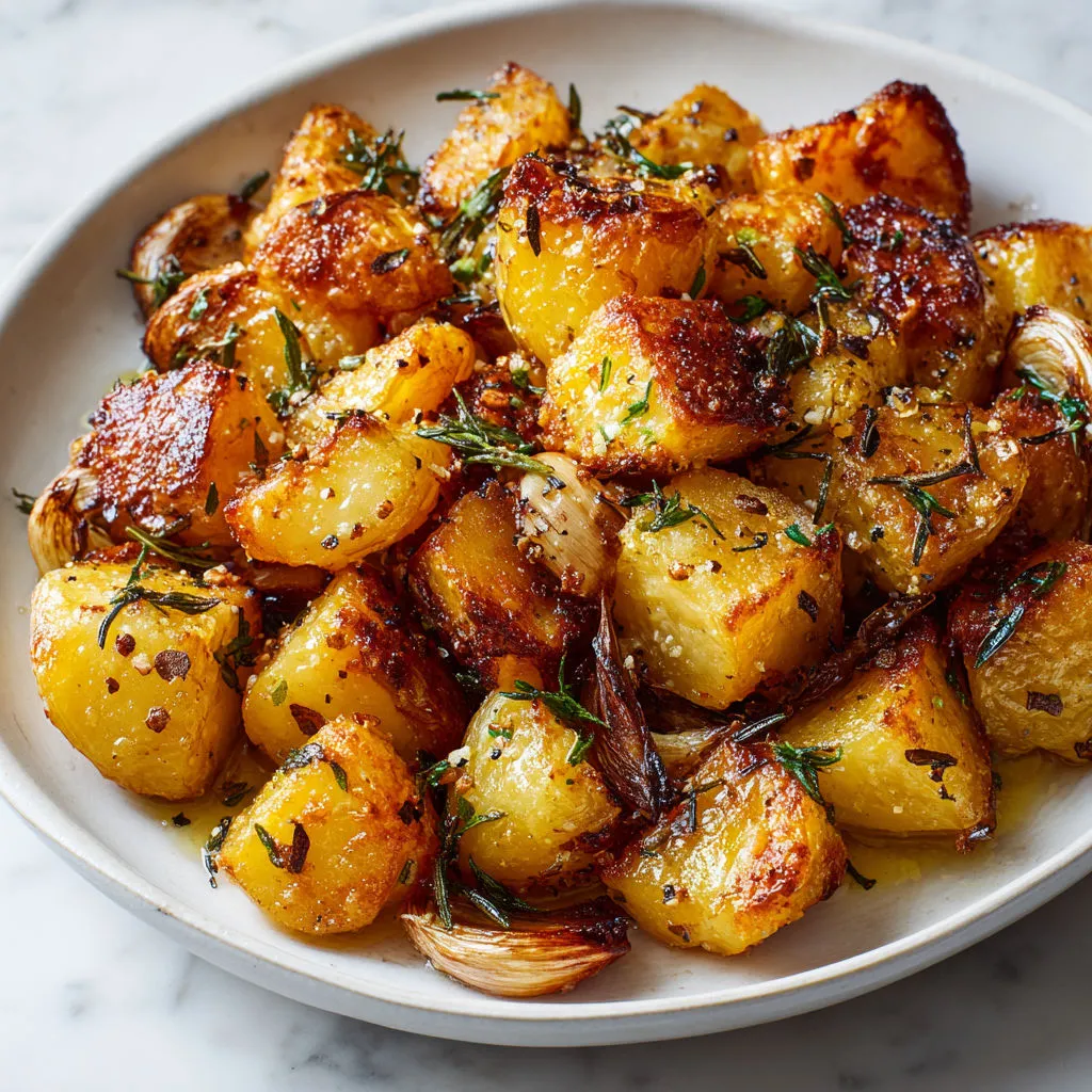 Une belle assiette de pommes de terre sautées avec herbes et légumes, posée près d’une sauce au beurre.