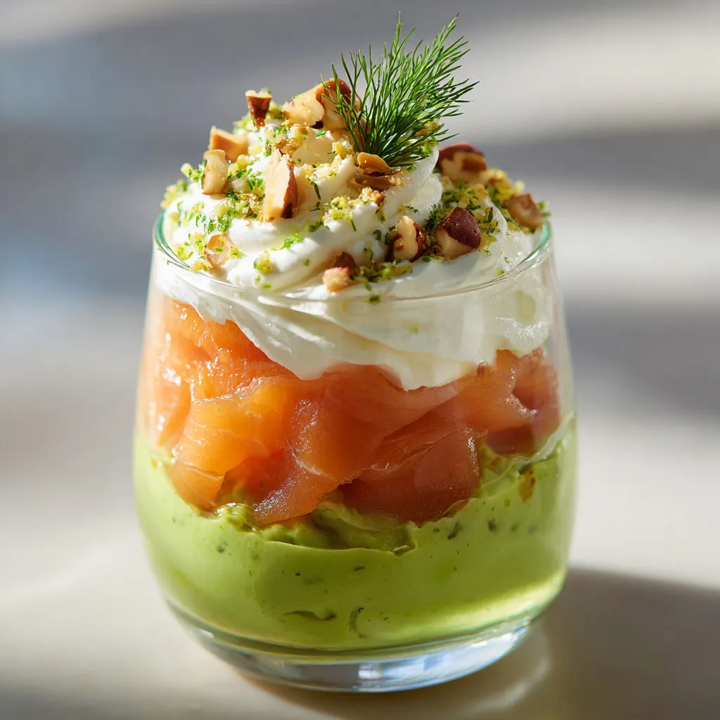 Verrine saumon fumé crème d'avocat dans un verre.
