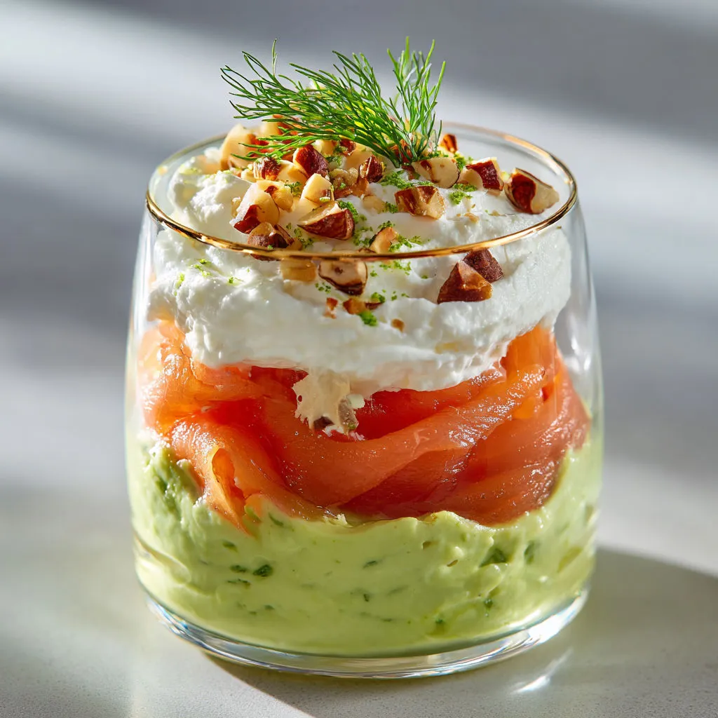 Verrine saumon fumé crème d'avocat dans un joli verre transparent.