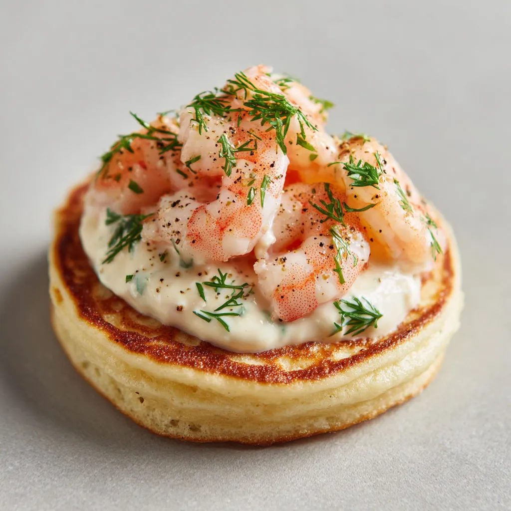 Mini blinis garnis de crevettes bien roses et de mayo maison à l’aneth.