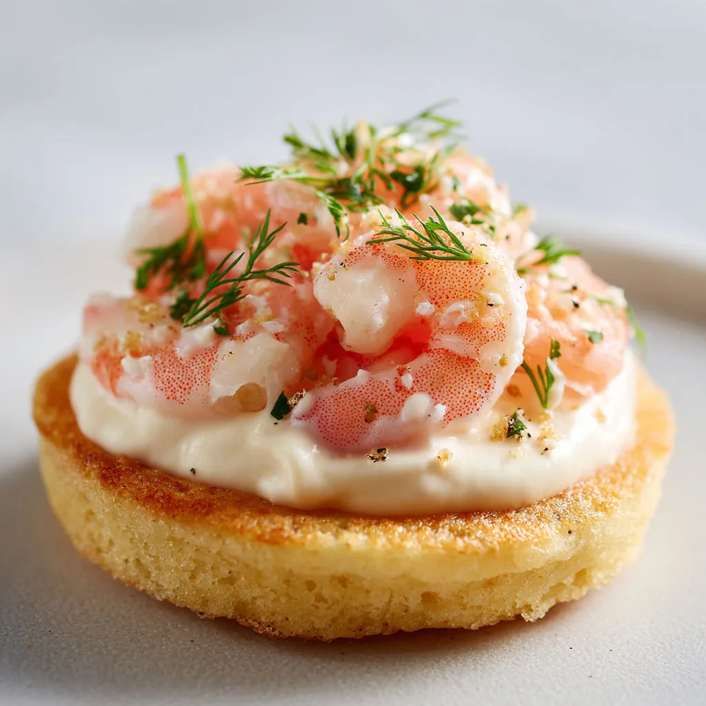 Blinis tout tendres avec crevettes et sauce maison aux herbes fraîches.