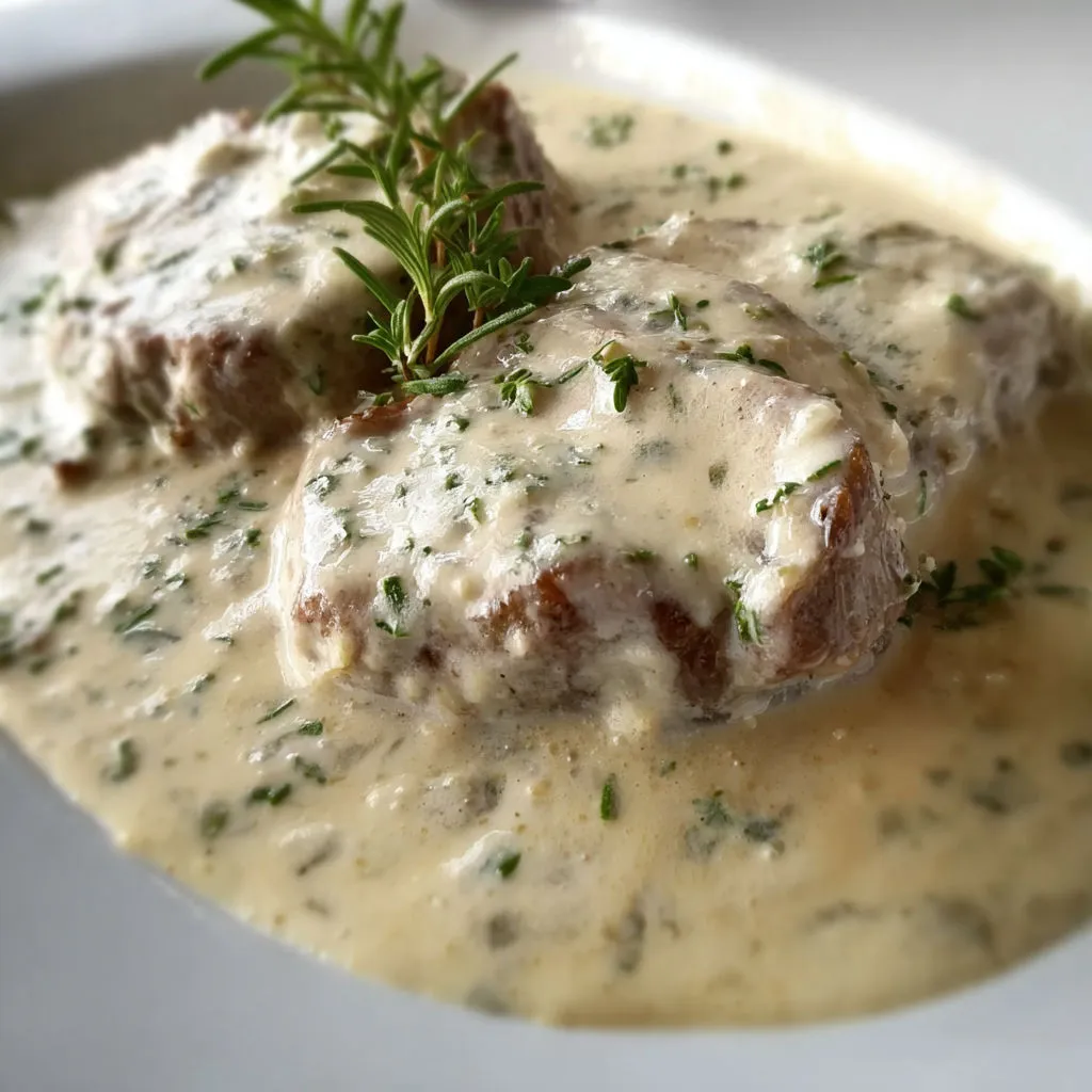 Tournedos de bœuf en sauce crémeuse légère à la cocotte, persil frais dessus, pour une note ultra fraîche.