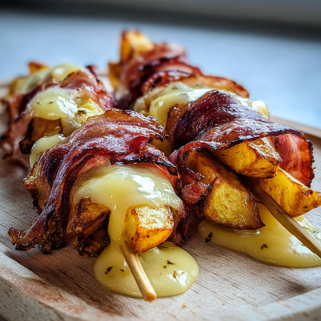 Une brochette avec pommes de terre dorées et fromage fondu sur bois.