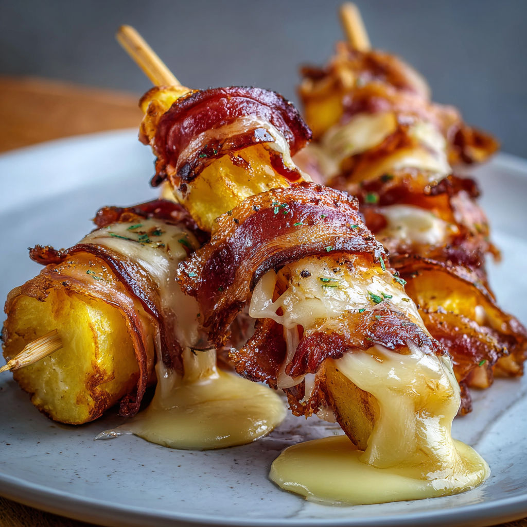 Brochettes d’hiver crousti à la pomme de terre poitrine et fromage filant.