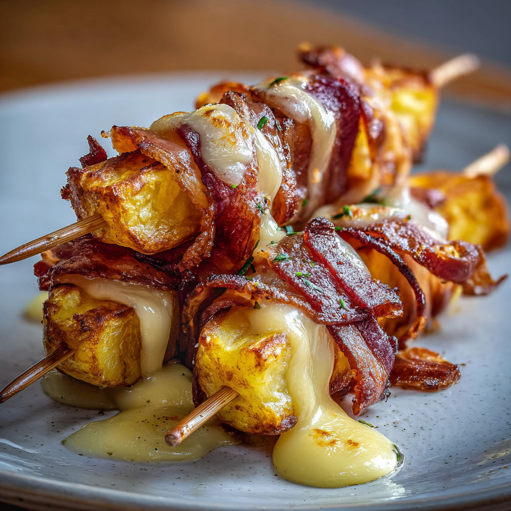 Brochettes façon raclette gourmandes frites et poitrine dorée.