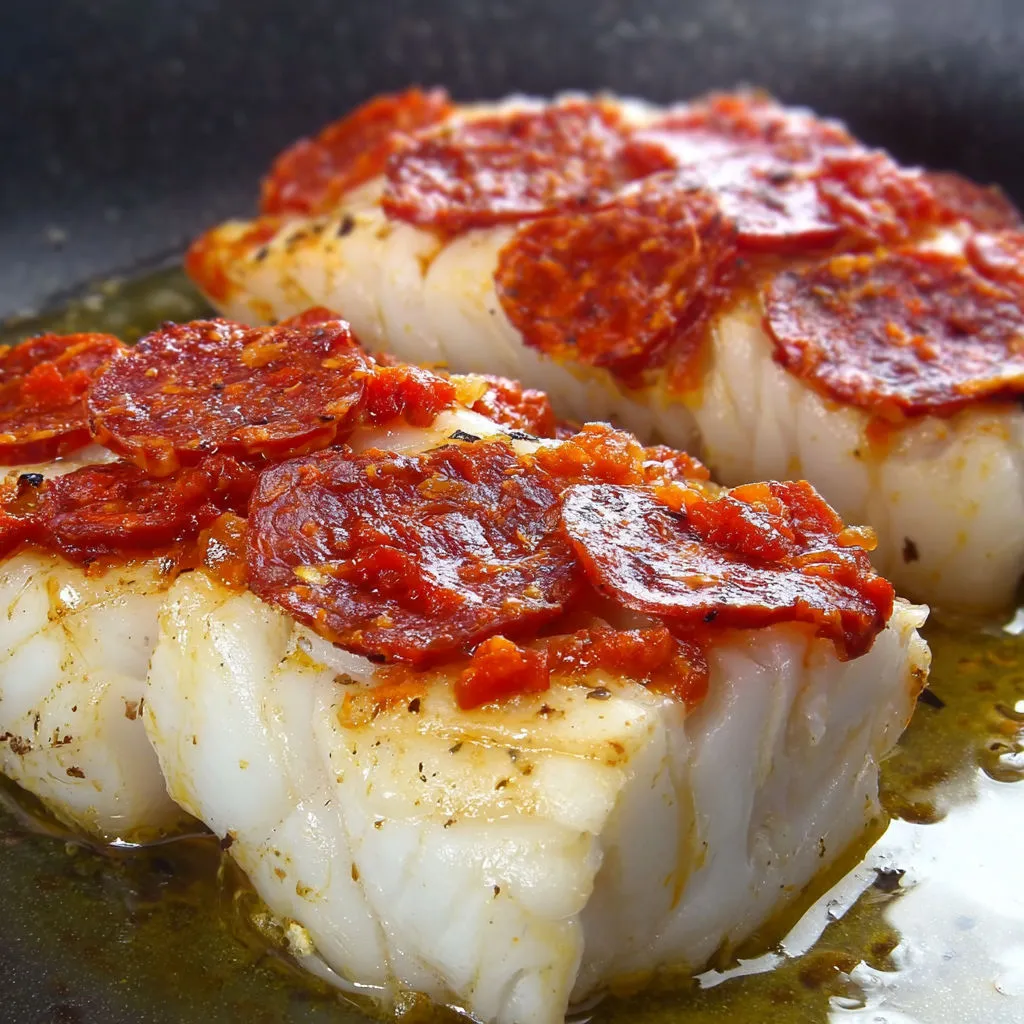 Cabillaud croustillant au chorizo et tomates confites.