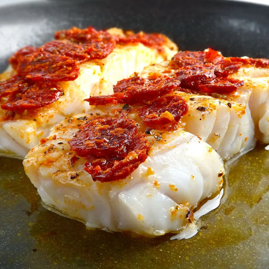 Filet de cabillaud doré au chorizo et tomates confites.
