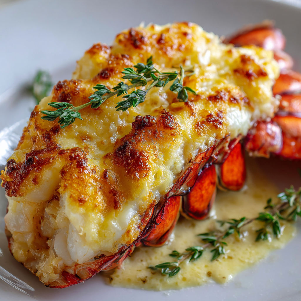 Plat élégant de homard au champagne gratiné au sabayon, sorti du four.