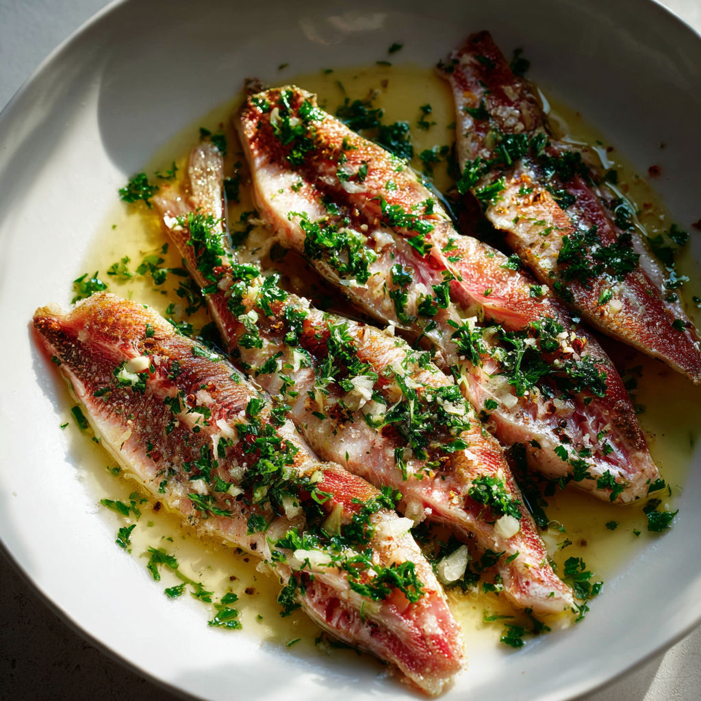 Rougets avec ail et persil, joliment présentés sur un plateau blanc.