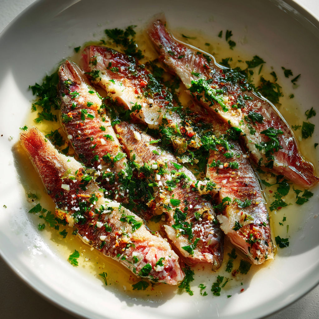 Rougets juste grillés à l’huile d’olive avec ail et persil frais.