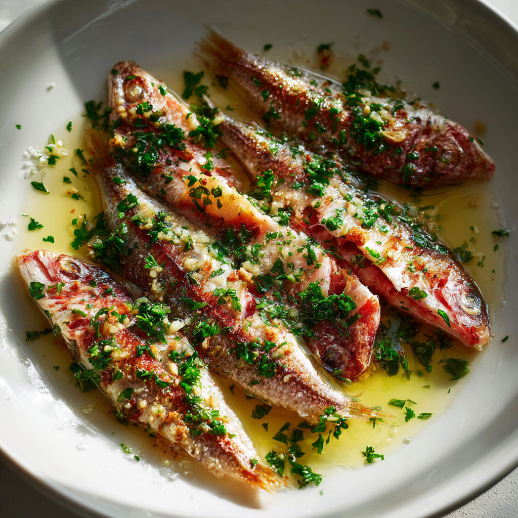 Rougets dorés côté peau, parfumés à l’ail et au persil frais.