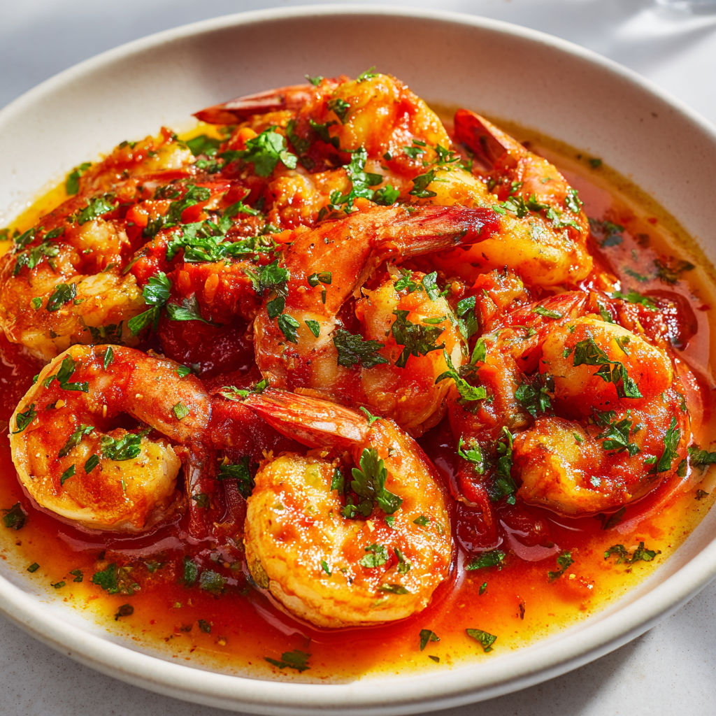 Crevettes tendres nappées de sauce tomate aux épices douces.