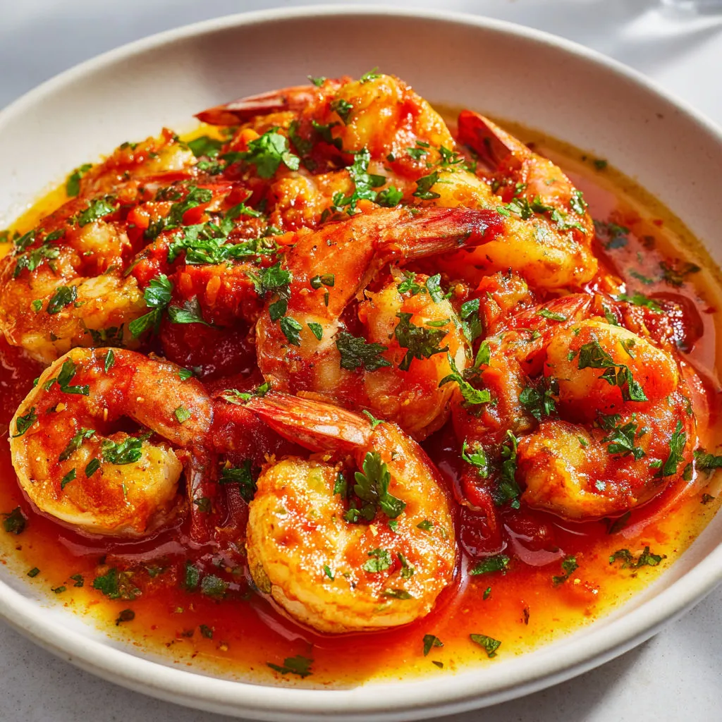 Crevettes tendres nappées de sauce tomate aux épices douces.