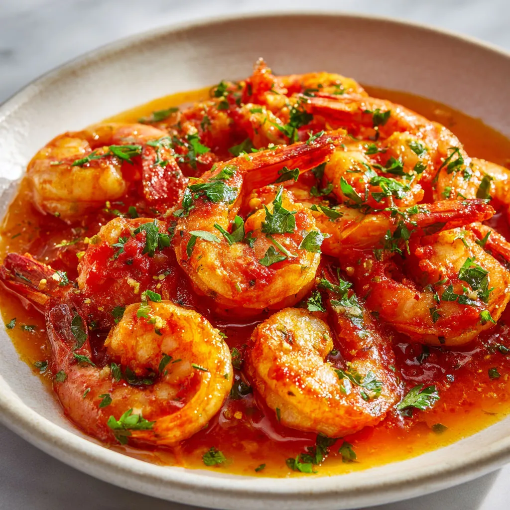 Crevettes moelleuses en sauce tomate maison, coriandre et cumin.