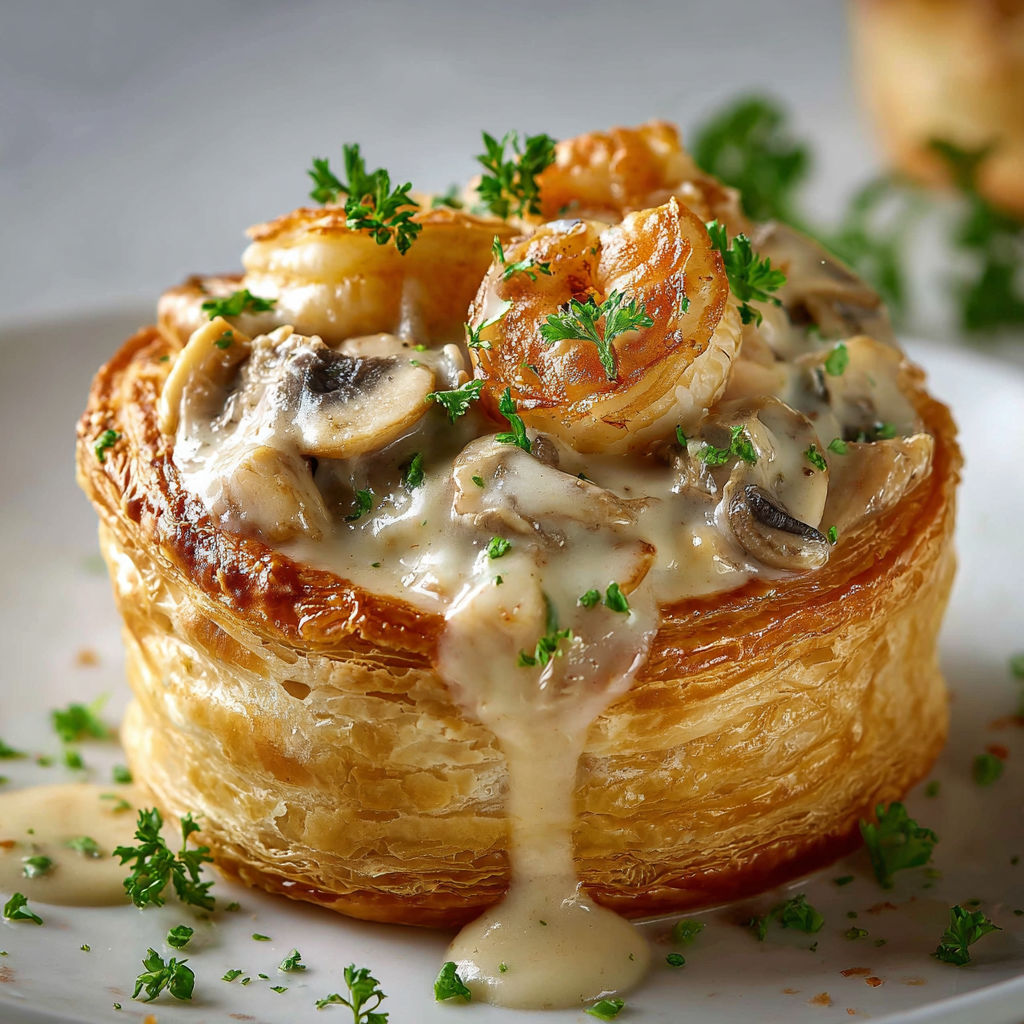 Un vol-au-vent doré garni façon grand-mère, accompagné de verdure fraîche.