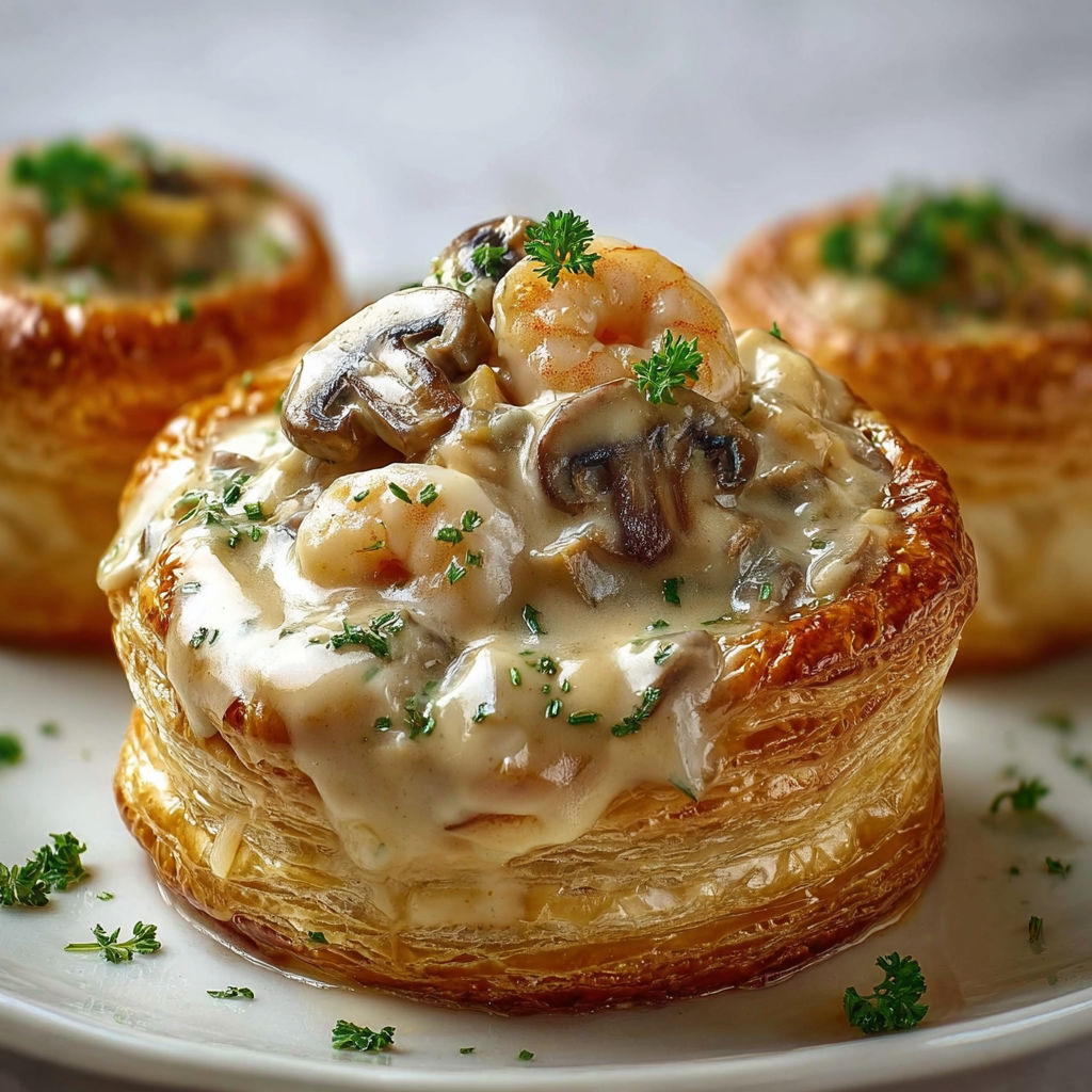 Vol-au-vent façon ancien, poulet, champignons, crevettes fondantes.