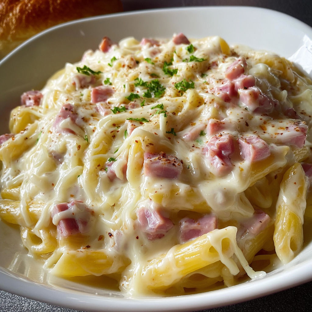 Gratin généreux de pâtes au jambon et fromage fondu.