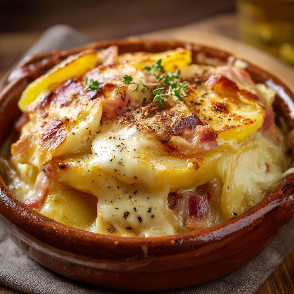 Une tartiflette savoyarde dorée au four, plat traditionnel montagnard.