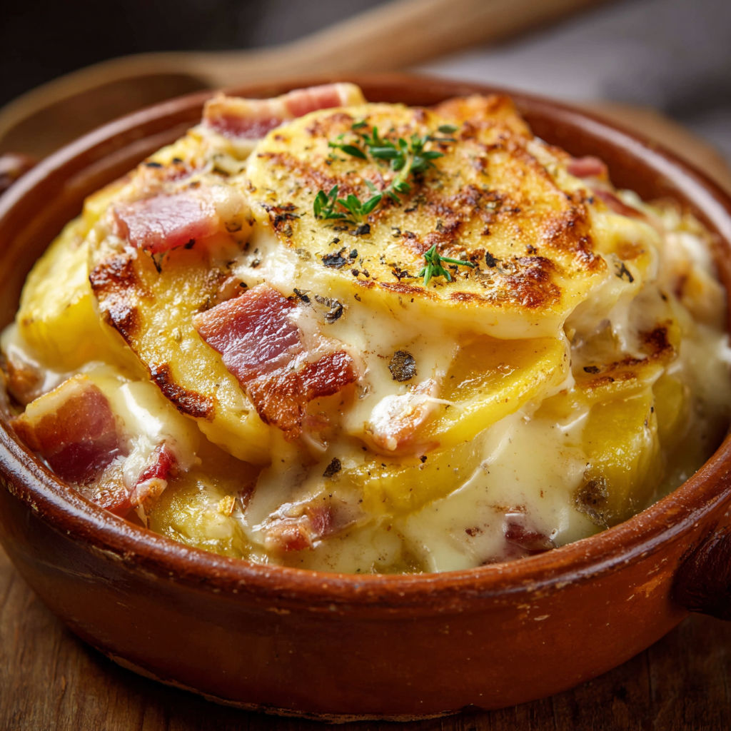 Un plat de tartiflette sortie du four et servi dans de la poterie.