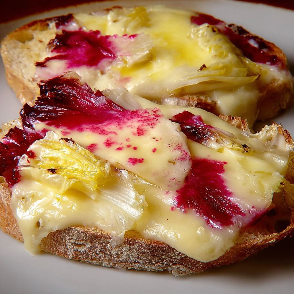 Pain grillé aux endives tendres et fromage doré.