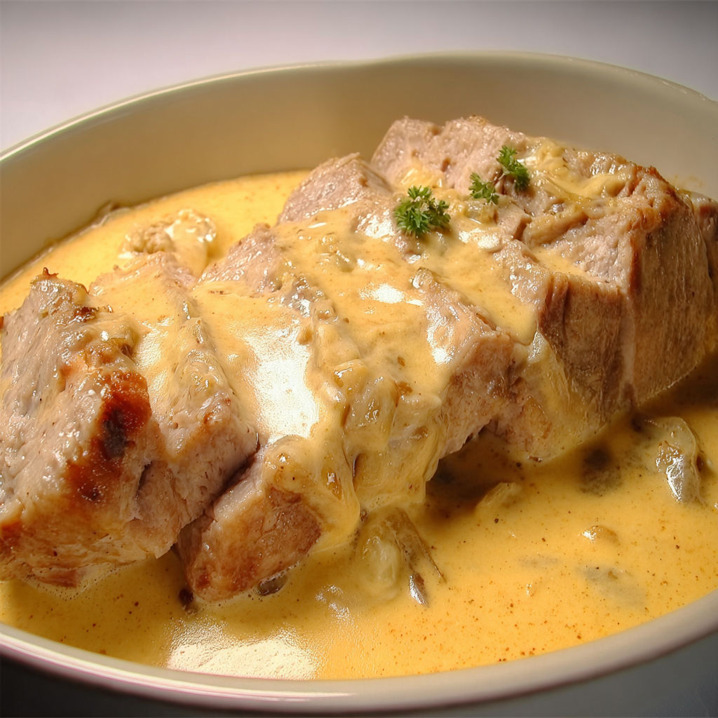 Plat gourmand de porc au maroilles accompagné d’une sauce riche et d’herbes fraîches.