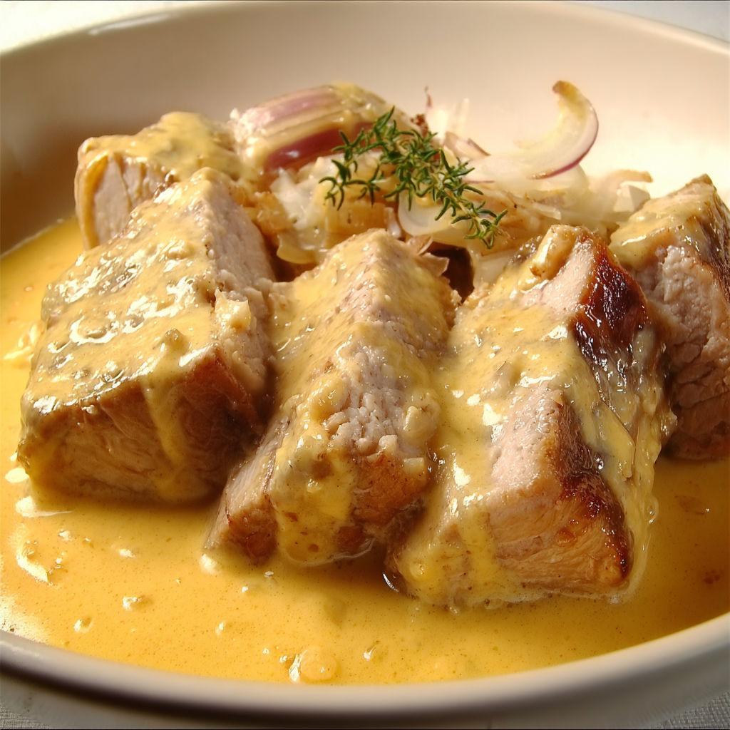 Une belle assiette de rôti de porc au fromage du Nord, légumes à côté, sauce généreuse.