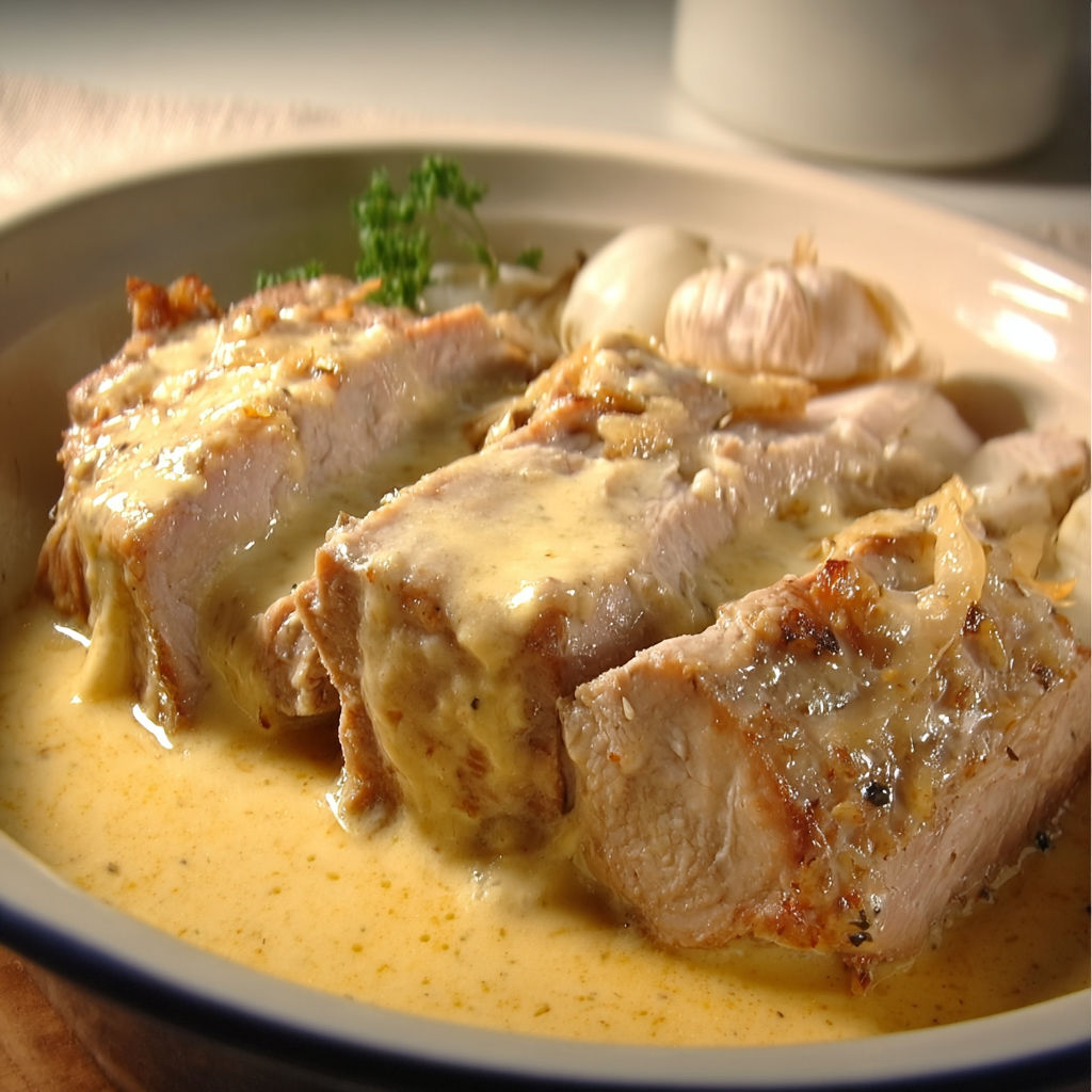 Un plat servi de porc au fromage du Nord et légumes, ambiance conviviale sur la table.