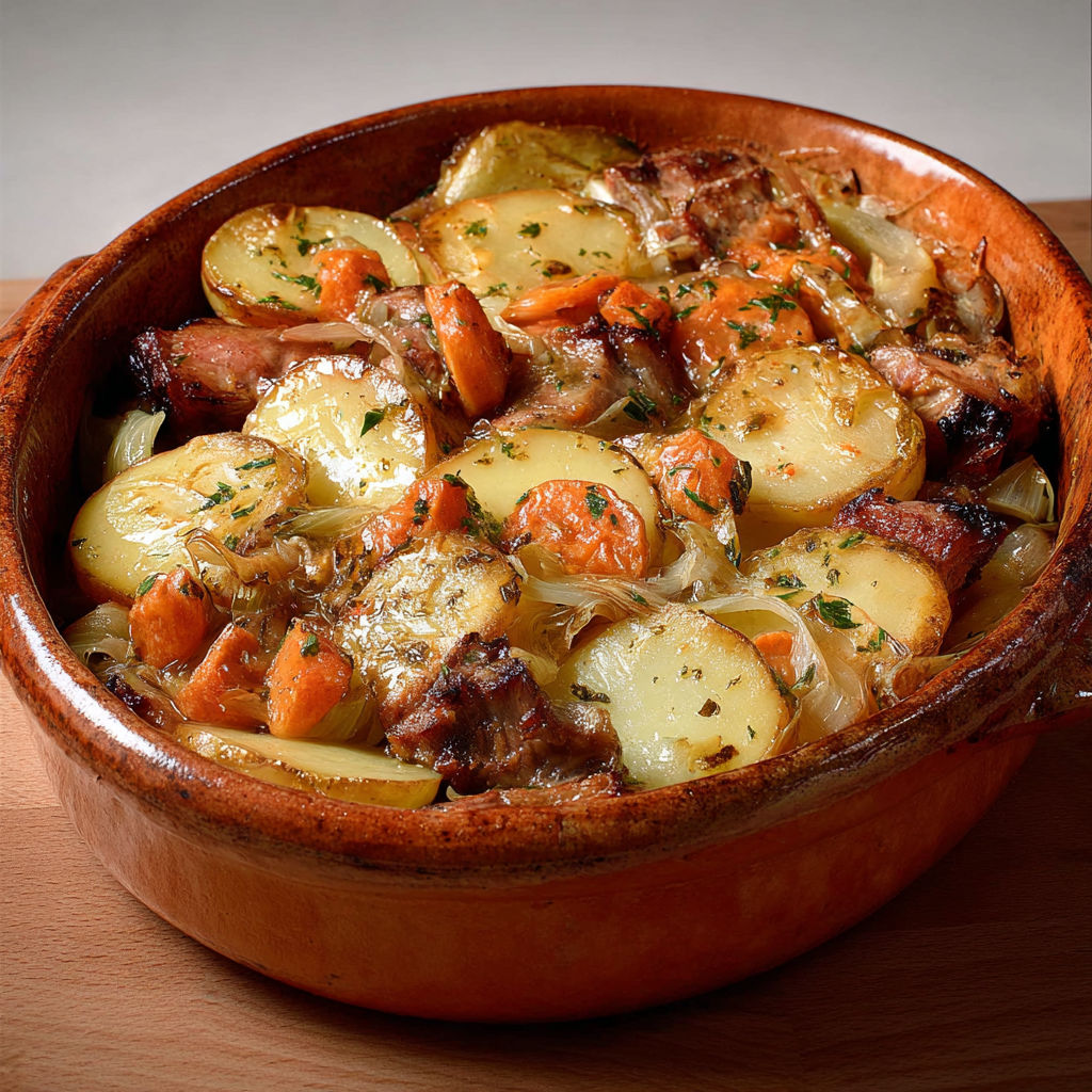 Plat alsacien de Baeckeoffe servi dans une terrine traditionnelle.