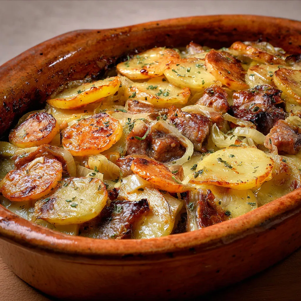 Terrine alsacienne de baeckeoffe lentement mijotée au vin blanc et bouquet garni.