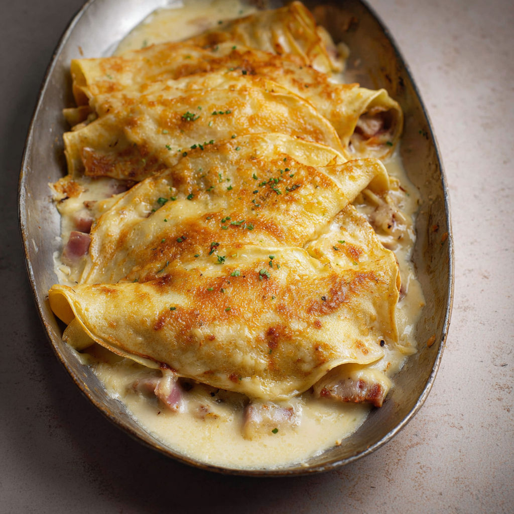 Une crêpe roulée au jambon et gratinée, servie sur un plateau sobre.