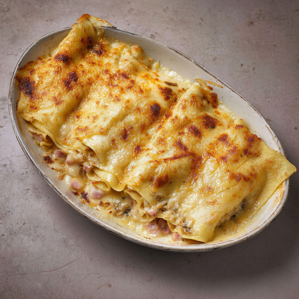 Crêpes fondantes au jambon nappées de béchamel onctueuse et gratinées au four.