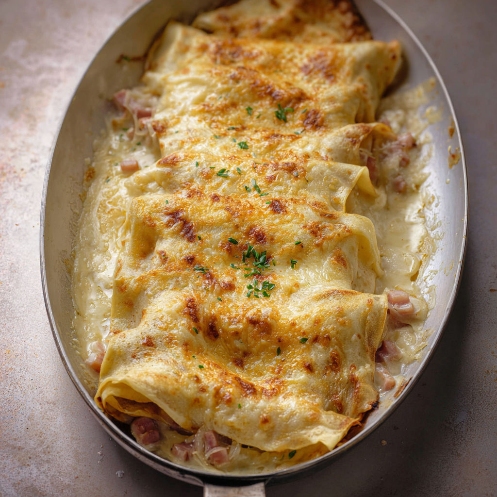 Crêpes salées gourmandes au jambon, sauce béchamel crémeuse et fromage filant.