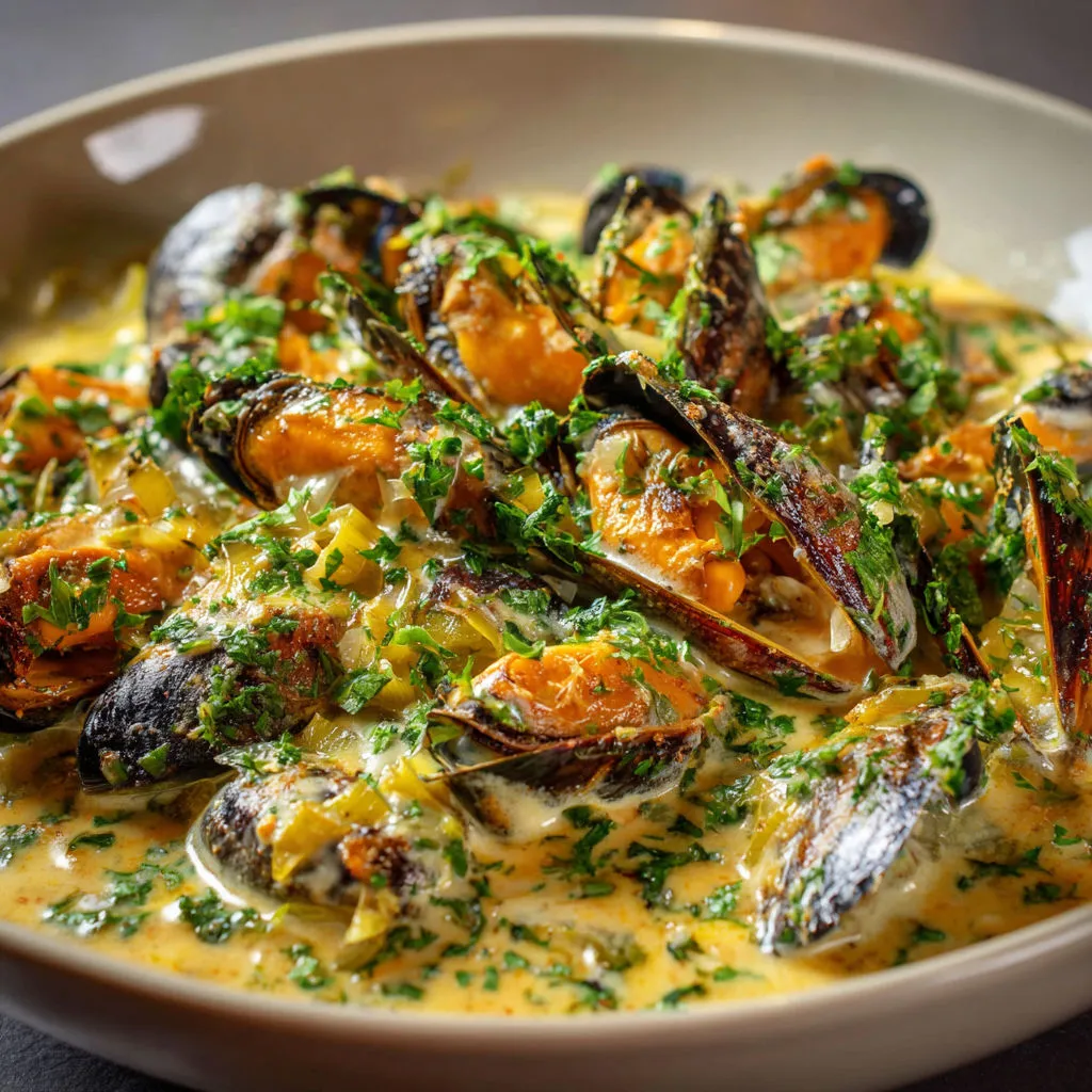 Moules et poireaux dans un bol en porcelaine crème.