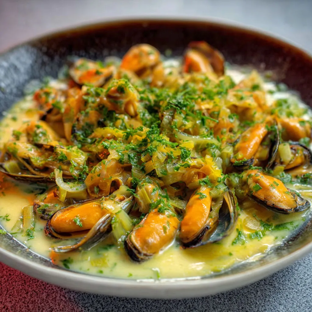 Moules et poireaux servis dans un bol à la crème.