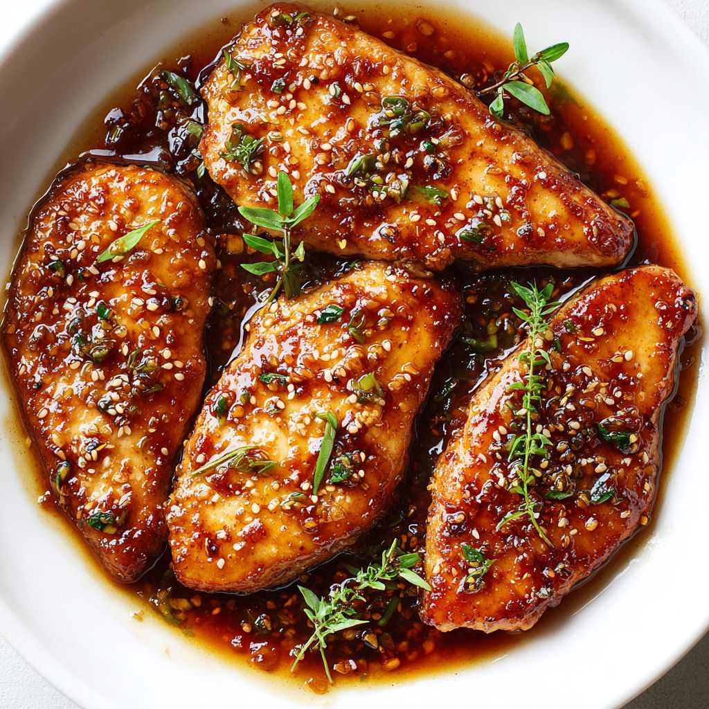 Poulet doré à la poêle et nappé de sauce brillante au miel et à la sauce soja.