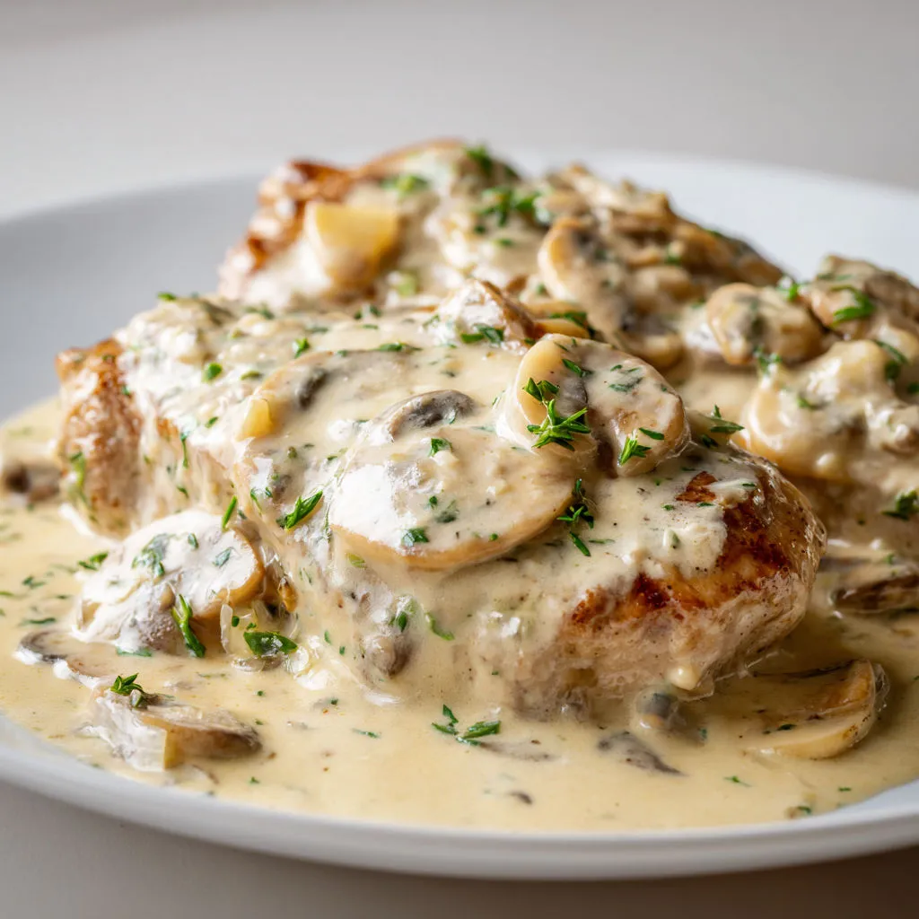 Une escalope de veau à la crème sur un plat.