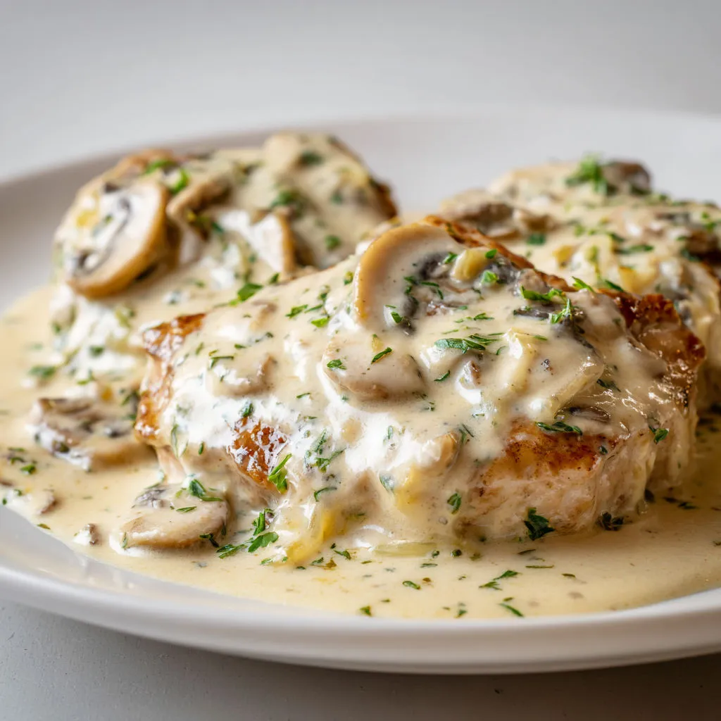 Une escalope de veau à la crème sur un plat.
