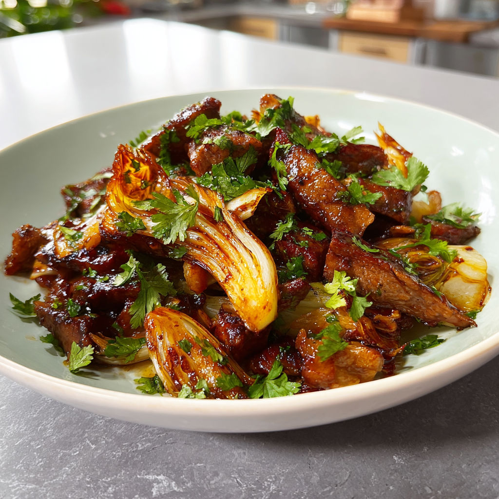 Porc aux endives en wok caramélisé et parfumé asiatique.