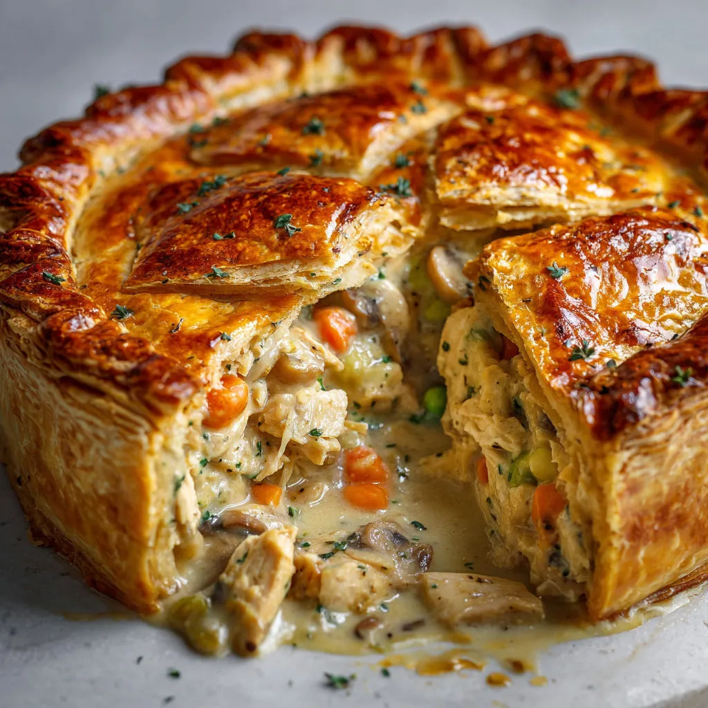 Tourte au poulet maison super généreuse, garnie de légumes moelleux et crème toute douce.