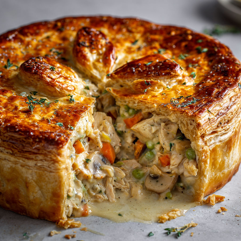 Tourte rustique au poulet, bien garnie de légumes, enfermée dans une pâte toute dorée et bien croustillante.