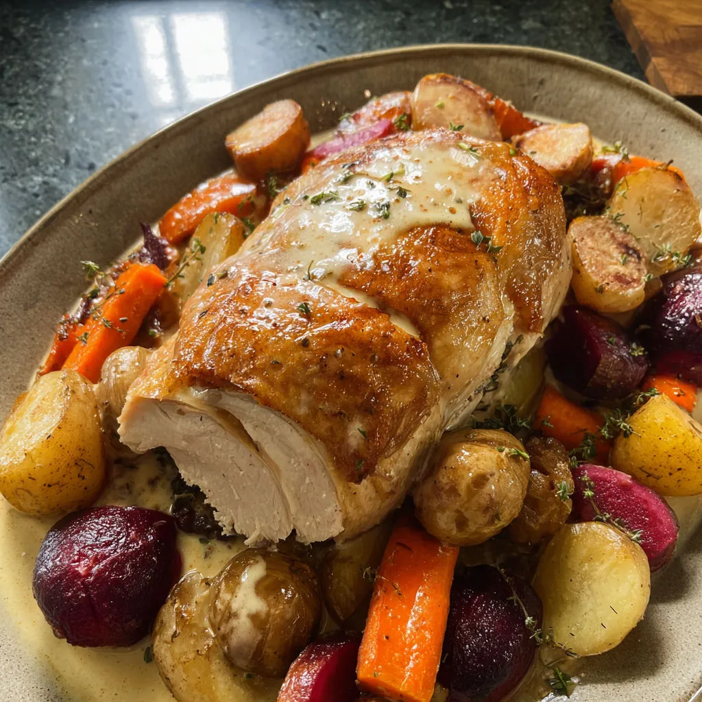 Chapon au riesling et légumes d’hiver bien dorés, servi sur un grand plat en céramique, prêt à partager.