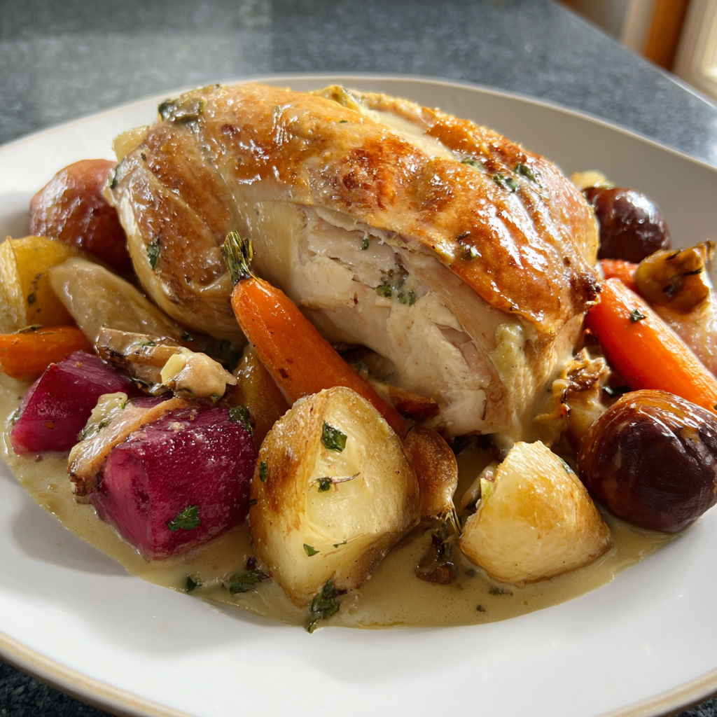 Chapon au riesling sur son lit de légumes colorés, nappé d’une sauce brillante servie en plateau.